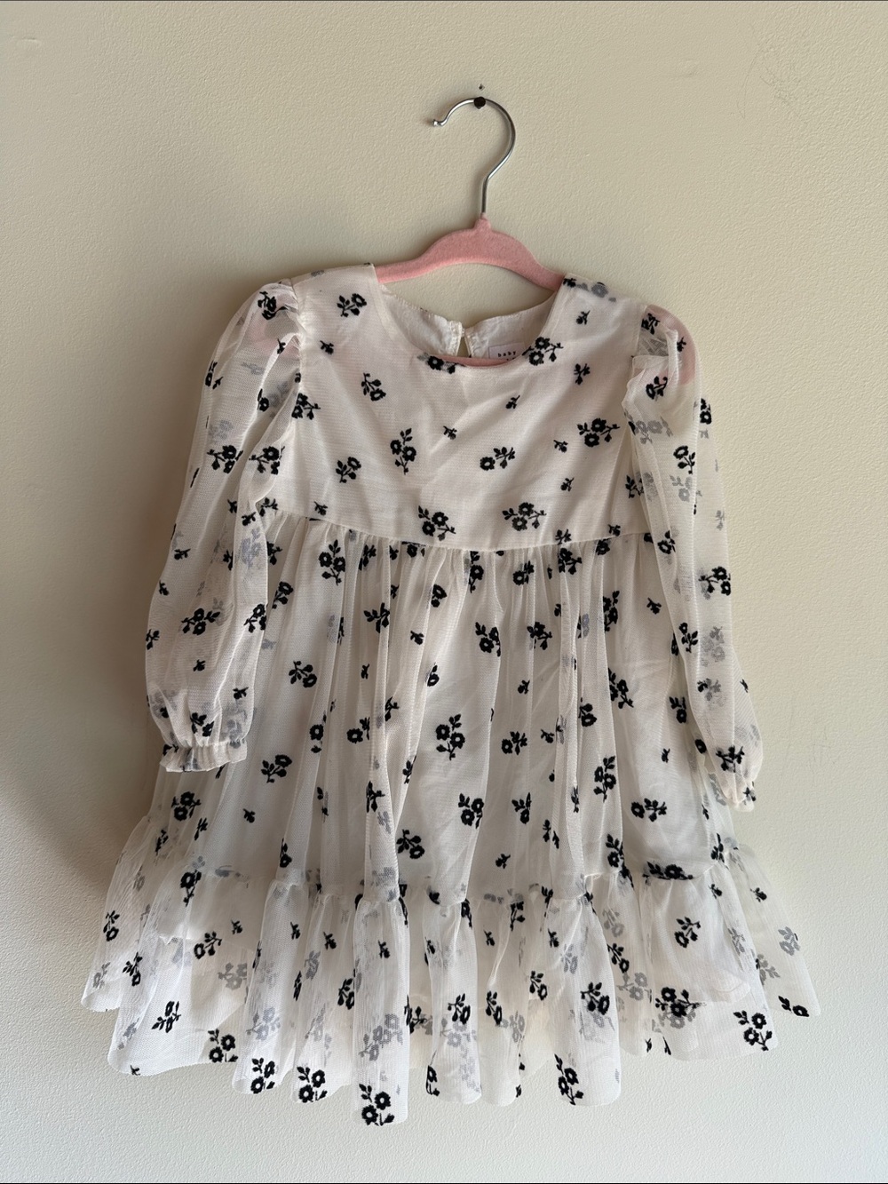 BABY GAP Cream & Black Floral Gauze Long-Sleeve Dress for Kids